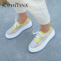 sophitina fashion women sneakers patchwork design high quality cow leather lace up comfortable shoes casual stylish flats mo479