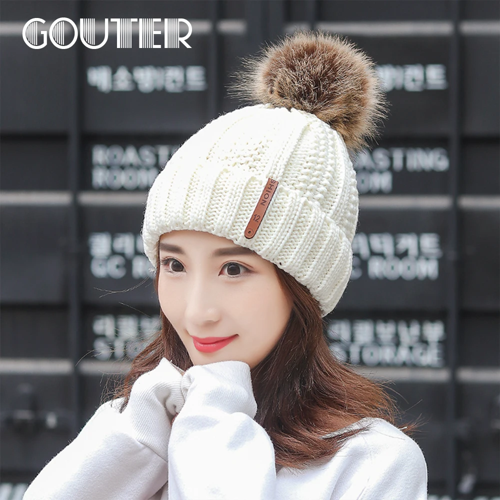 Модные мягкие Меховые шапки GOUTER с помпоном женская утепленная вязаная шапка