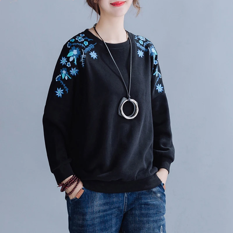 

Embroidered Flower Women T-Shirts Pink Black Loose Casual Plus Size All Match Female Home Wear Pulls Lady Tops Tees