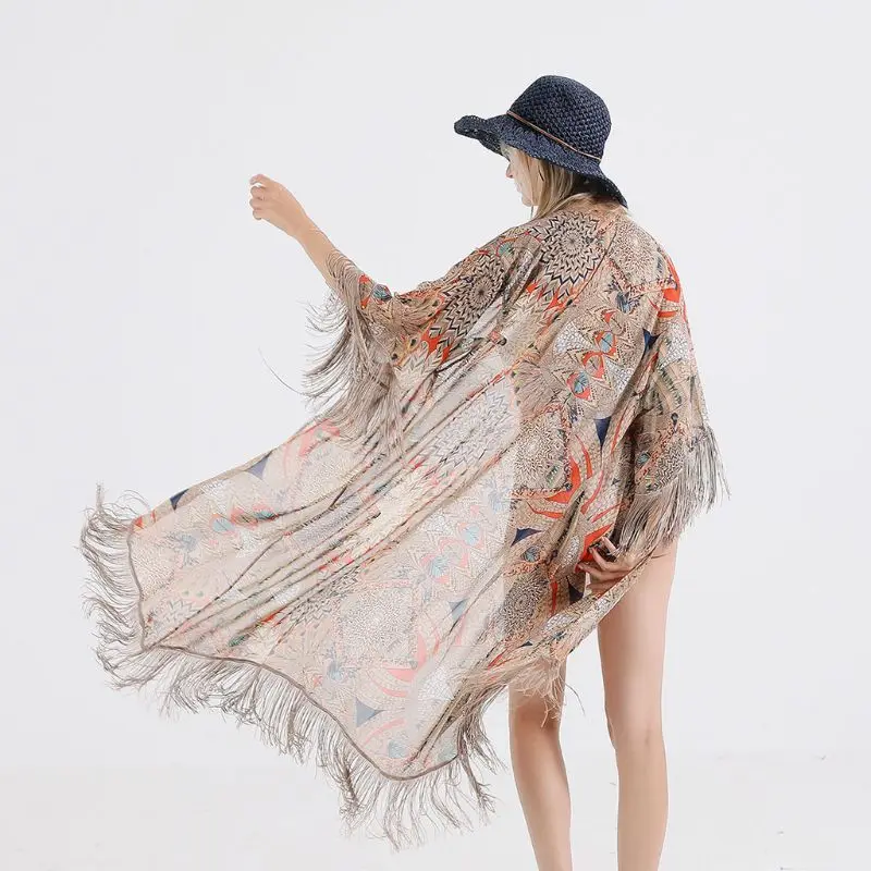 

Womens Summer Half Sleeve Chiffon Cardigan Boho Retro Geometric Floral Printed Fringed Tassels Patchwork Bikini Cover Up Ankle L