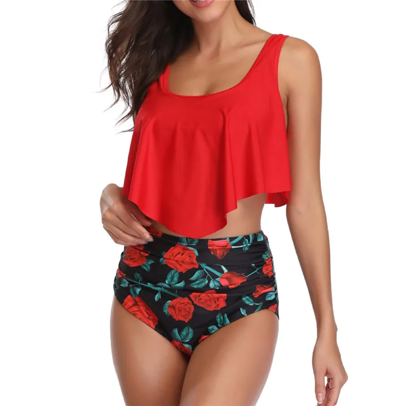 Women High Waist Bikini Swimsuit Plus Size Bathing Suit Vintage Print Large Two Piece Tankini Ruffle Waisted Swimwear 2019 XXXL |