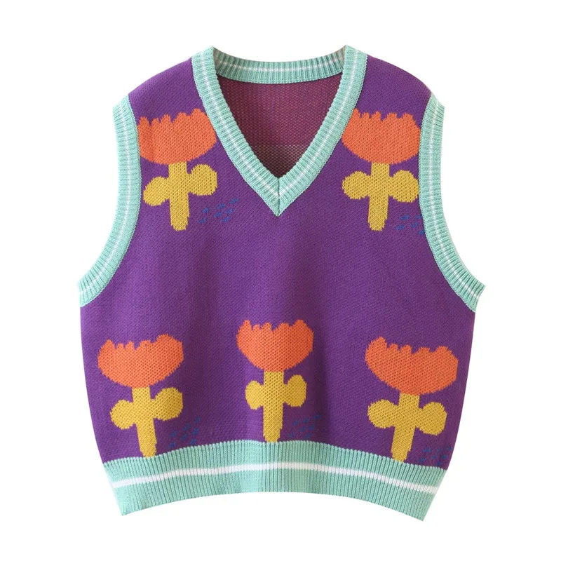 

2020 Women Autumn Flower Jacquard Knitting Sleeveless Sweater Retro V neck Loose Pullover Knitwear Vest Casual Jumper Tops
