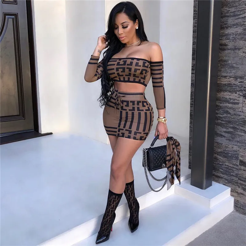

WJFZQM 2020 Sexy Off Shoulder Two Piece Set Striped Bodycon 2 Piece Set Women Half Sleeve Top And Skirt Summer Autumn Skirt Sets