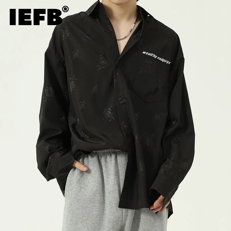 

IEFB Autumn New Korean Loose Print Design Fashion Shirt Letter Long Sleeve Black Shirts For Men 2021 New Lapel Tops 9Y9015