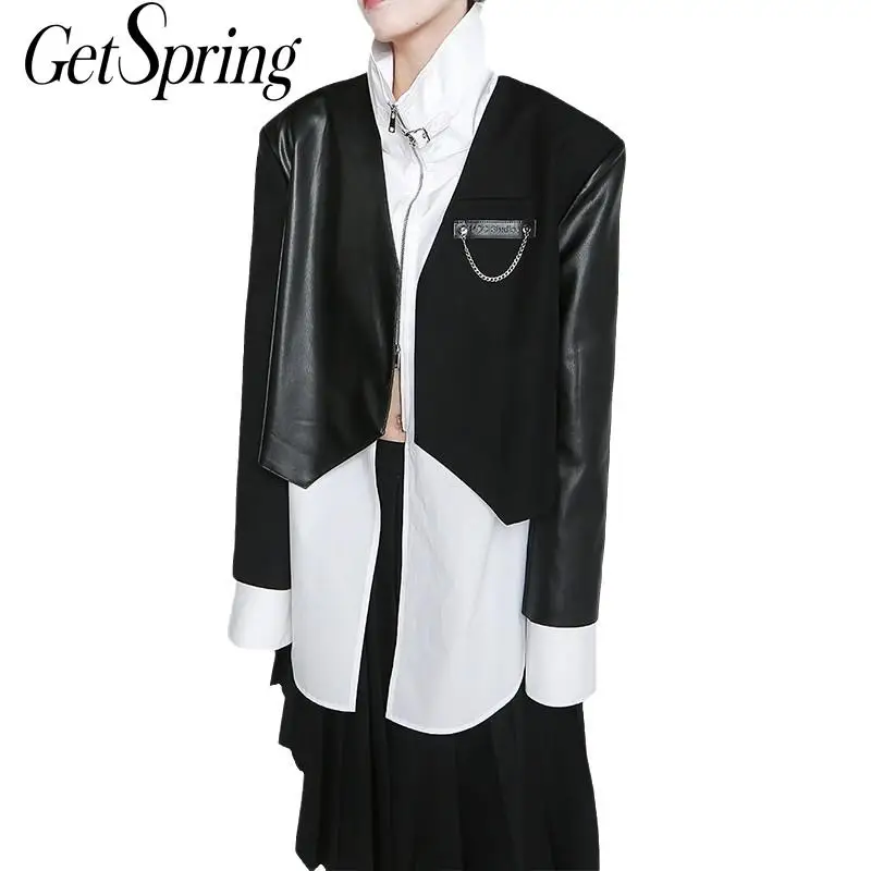 

GetSpring Women Blazer Patchwork Short Ladies Black Blazer Coat PU Leather Spliced Women's Suit Jacket Loose Casual Suit Blazer