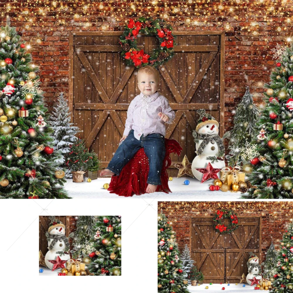 

Christmas Wood Barn Door Backdrops Photography Studio for Child Kids Baby Background Portrait Photocall Xmas Tree Wreath Snowman