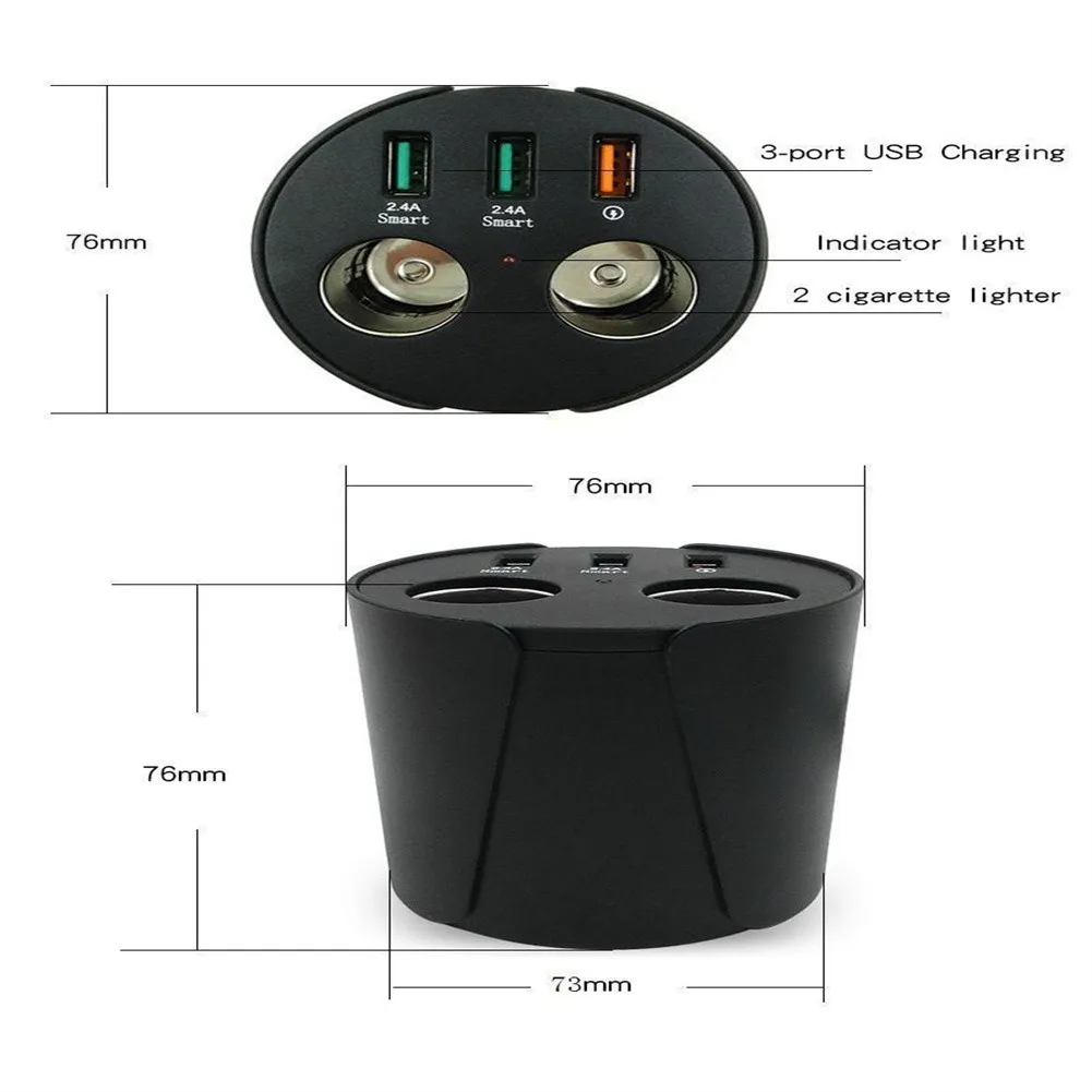 

Lighter Car Charger Matte Gray Mount Socket 2 Cigaret 3 USB Cup Holder