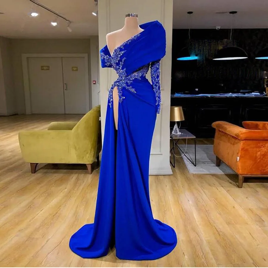 

Real Image Royal Blue Mermaid Evening Dresses One Shoulder Lace Beaded High Side Split Sexy Prom Gowns Appliques Party Dress