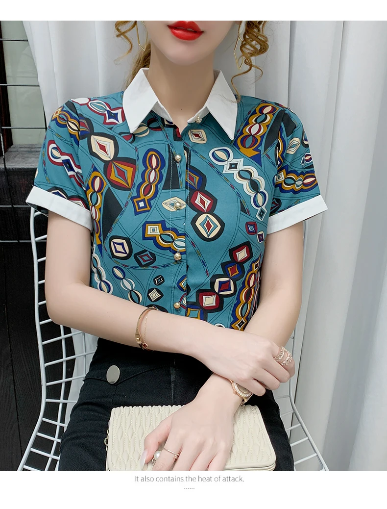 

Chiffon Slim Women's Blouses Geometry Buttons Polo Shirt Fashion Short Sleeve Top Summer New Casual Blouse Houthion