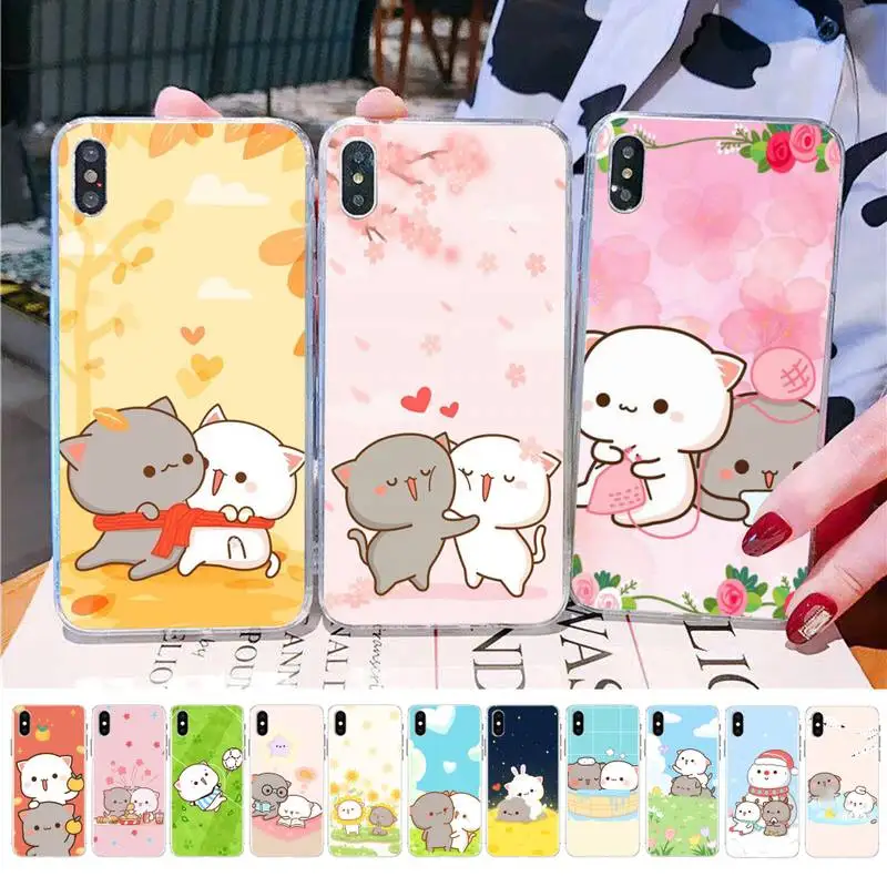 

Yinuoda Peach cat cute cartoon couple Phone Case for iPhone 11 12 13 mini pro XS MAX 8 7 6 6S Plus X 5S SE 2020 XR case