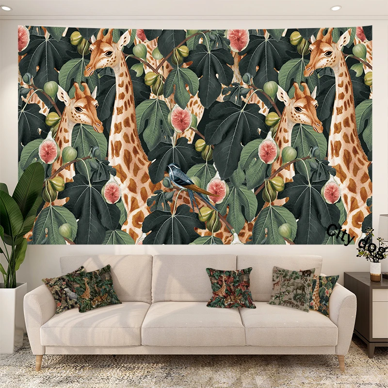 

Southeast Asian style Tapestry Green PLANT tropical leaves animal flamingo kangaroo giraffe hippo leopard Art Linen tapestry