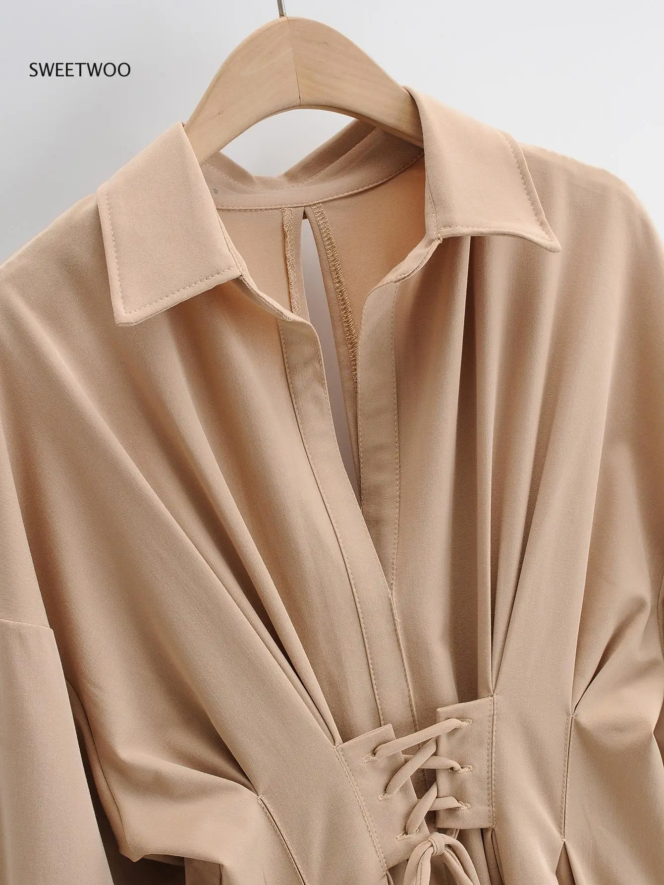 

Women Chic Fashion With Drawstring Tied Pleated Mini Dress Vintage Long Sleeve Back Zipper Female Dresses Mujer