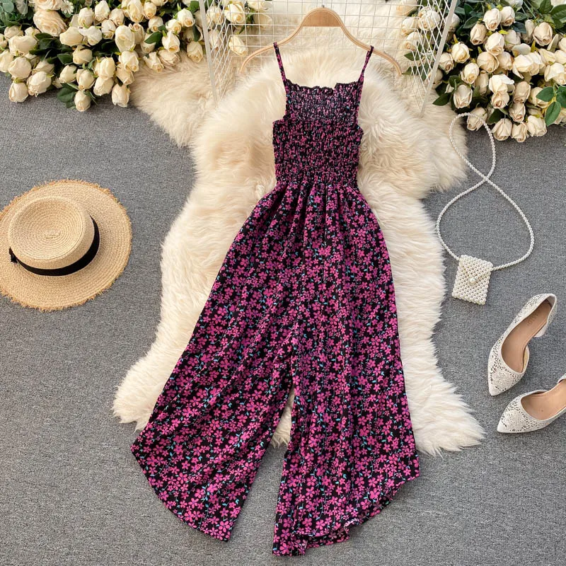 

2021 Temperament Fashion Spring Floral Jumpsuit Sexy Strapless Elastic Jump Di Slim Slim Wide-leg Pants C469