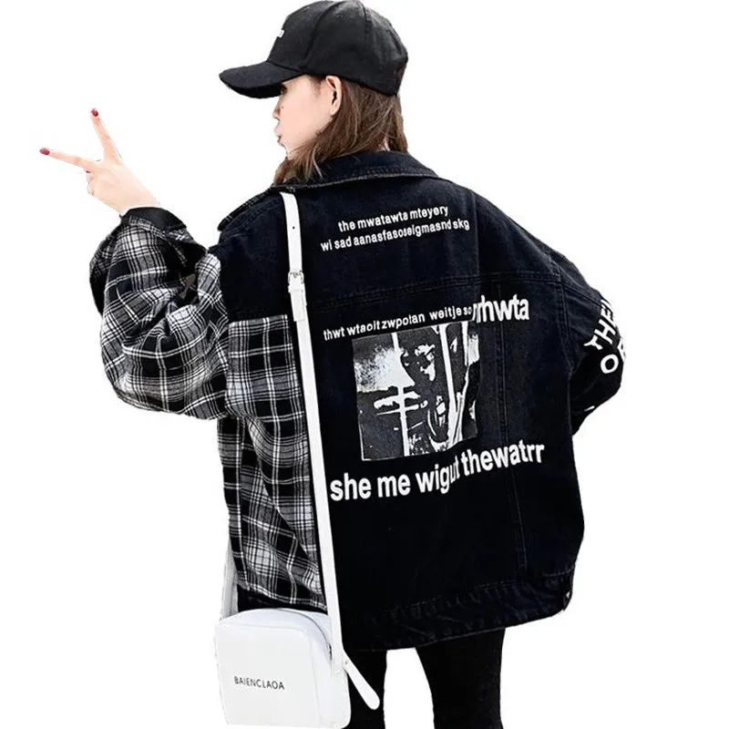 Осень 2020 черная Свободная джинсовая куртка бомбер в стиле Харадзюку уличная