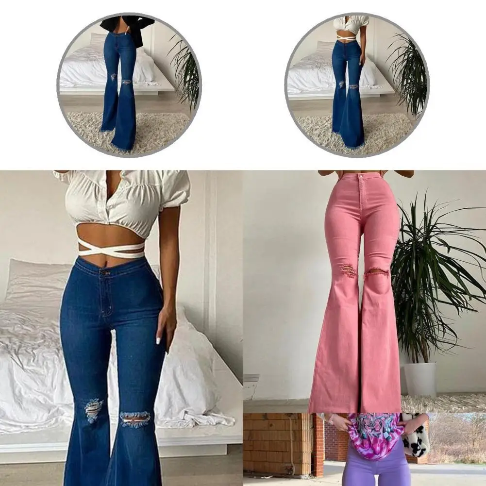 

Popular Sexy Mid Waist Ripped Flared Jeans Denim Pants Button Closure Mid Waist