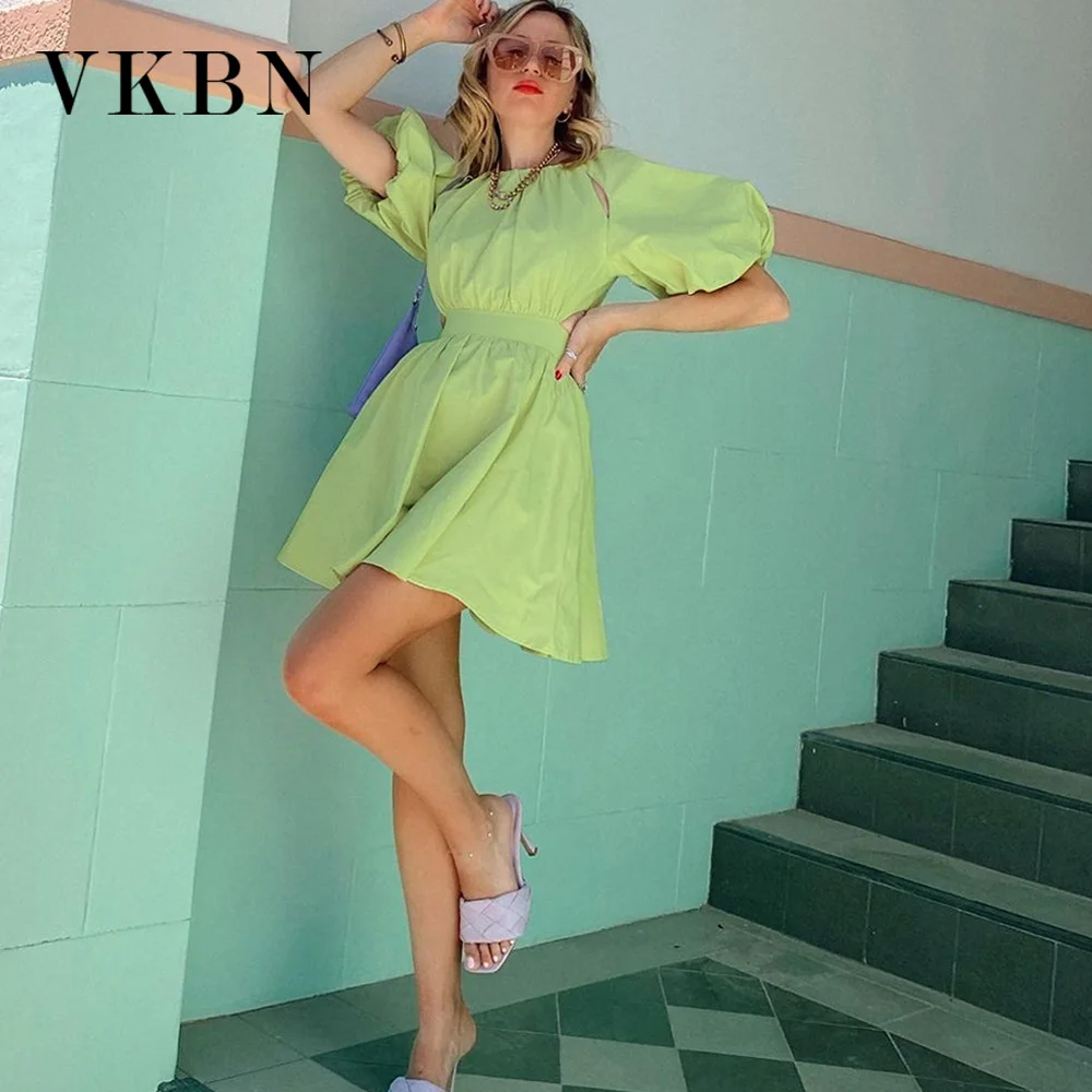 

VKBN Summer Dress Women Backless Green Design Y2k Lantern Sleeve Elastic Waist Tutu Evening Party Dress High Quality Fashion