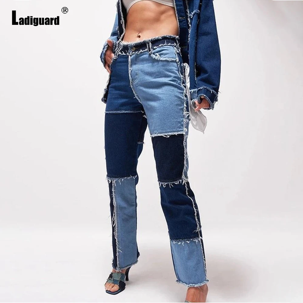 Ladiguard Women Straight Leg Denim Pants Sexy Ripped Jeans Trousers Girls Streetwear Casual Jeggings 2021 Patchwork Demin Pants