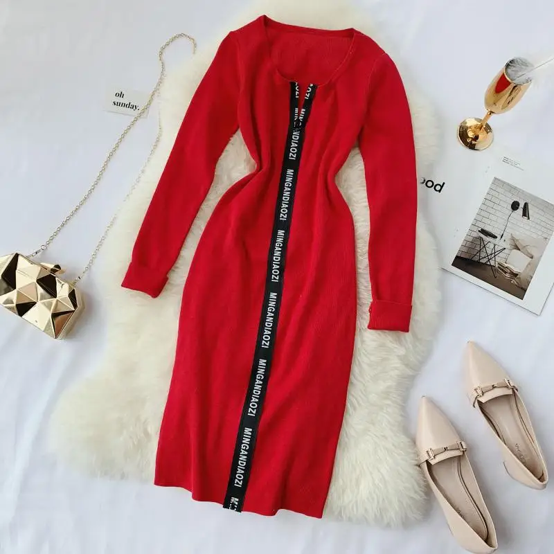 YornMona Women Designer Casual Dress Letter Zipper O-neck Knitted Bodycon Dress Winter Elegant Ladies Office Dress Vestidos