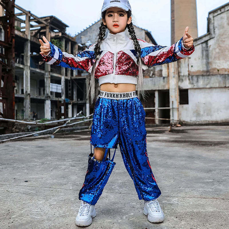 

New Girls' Hip Hop Kids Jazz Performance Clothes For Girls Sequins Costume Navel Tops Loose Hiphop Pants Show Clothing 120-170