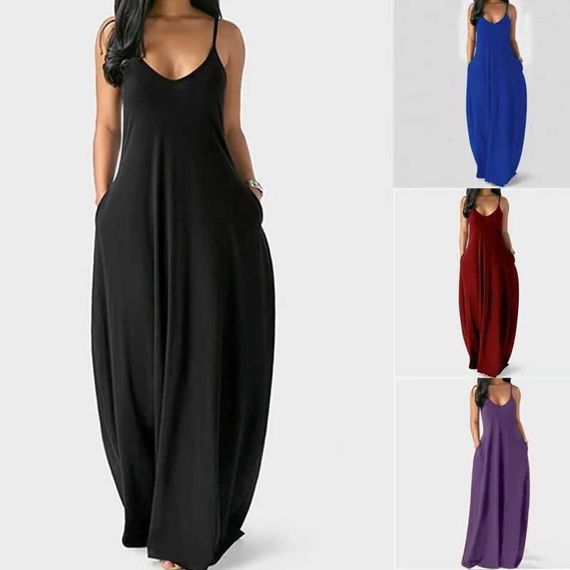 

S-5XL Plus Size Dress Women Pocket Loose Waist Summer Dress Beach Spaghetti Strap Boho Solid Color Long Dresses Casual Clothing