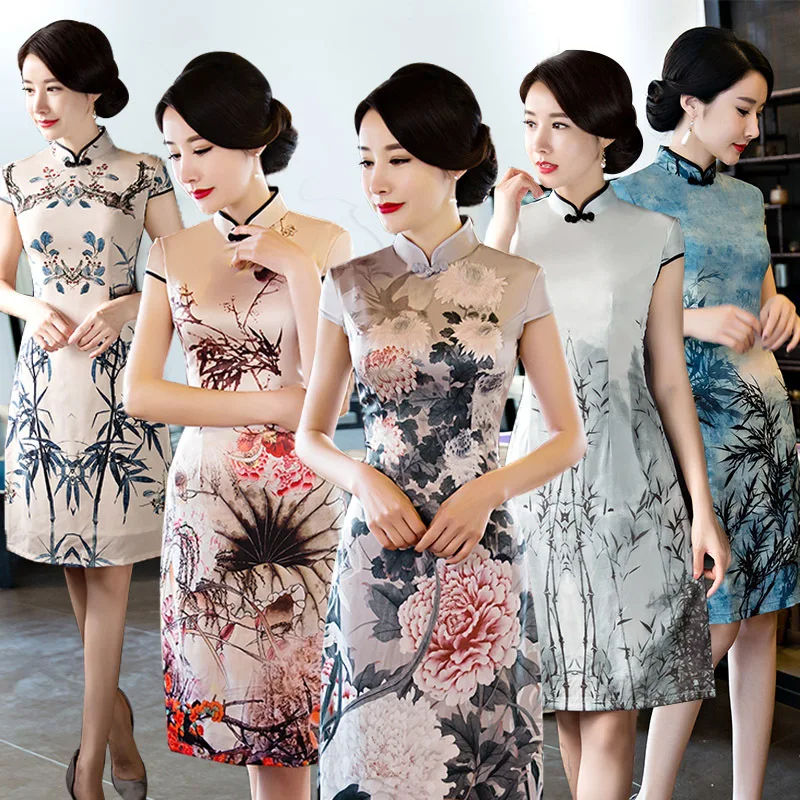 Новое поступление, платье в китайском стиле, женское, тонкое, короткое, Qipao, воротник-стойка, короткий рукав, Cheongsam, Размеры M, L, XL, XXL, 3XL