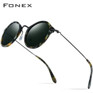 FONEX Солнцезащитные очки в винтажном стиле для мужчин и женщин, поляризационные круглые солнечные аксессуары из титана, в круглой оправе, в стиле ретро, из ацетата