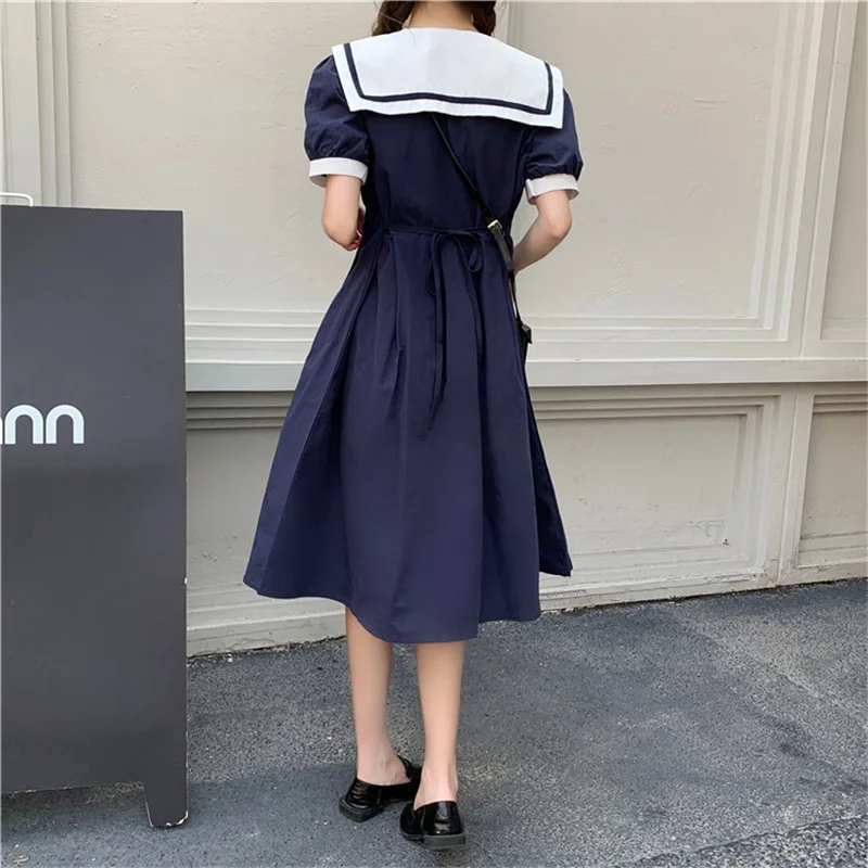 

Japanese Summer New Sweety Girly Style First Love Dress Kawaii Sailor Collar Bow Puff Sleeve Bandage Splicing Frills Dresses