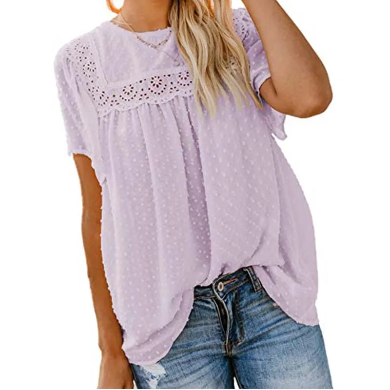 

Chiffon Shirts Short Sleeve Round Neck Tops Shirts Lace Crochet Casual Elegant Vintage Fashion Women Tops And Blouses Chemisier