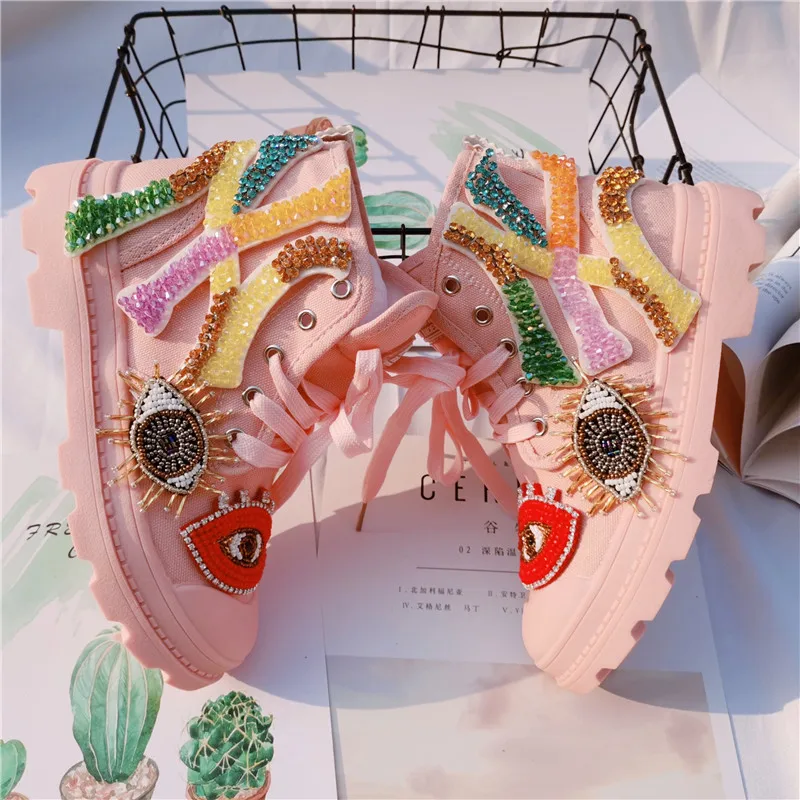

Pink high-top shoes women's new Chaobrand Heavy Industries Street shoot casual canvas