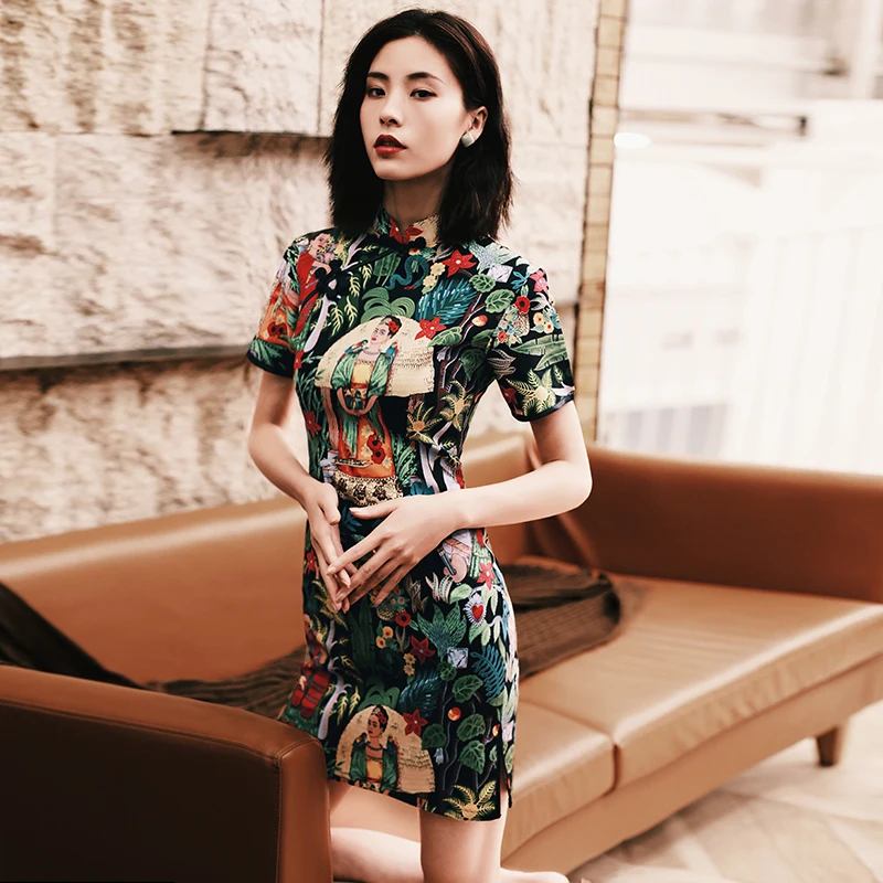 Женское шелковое платье cheongsam с коротким рукавом, Ретро стиль, воротник-стойка, платье cheongsam, цветочный принт, qipao, улучшенное китайское платье