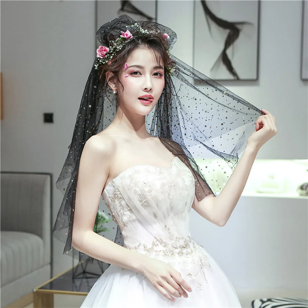 Блестящий черный многоярусный Свадебный Фата чехол для Хэллоуина модные