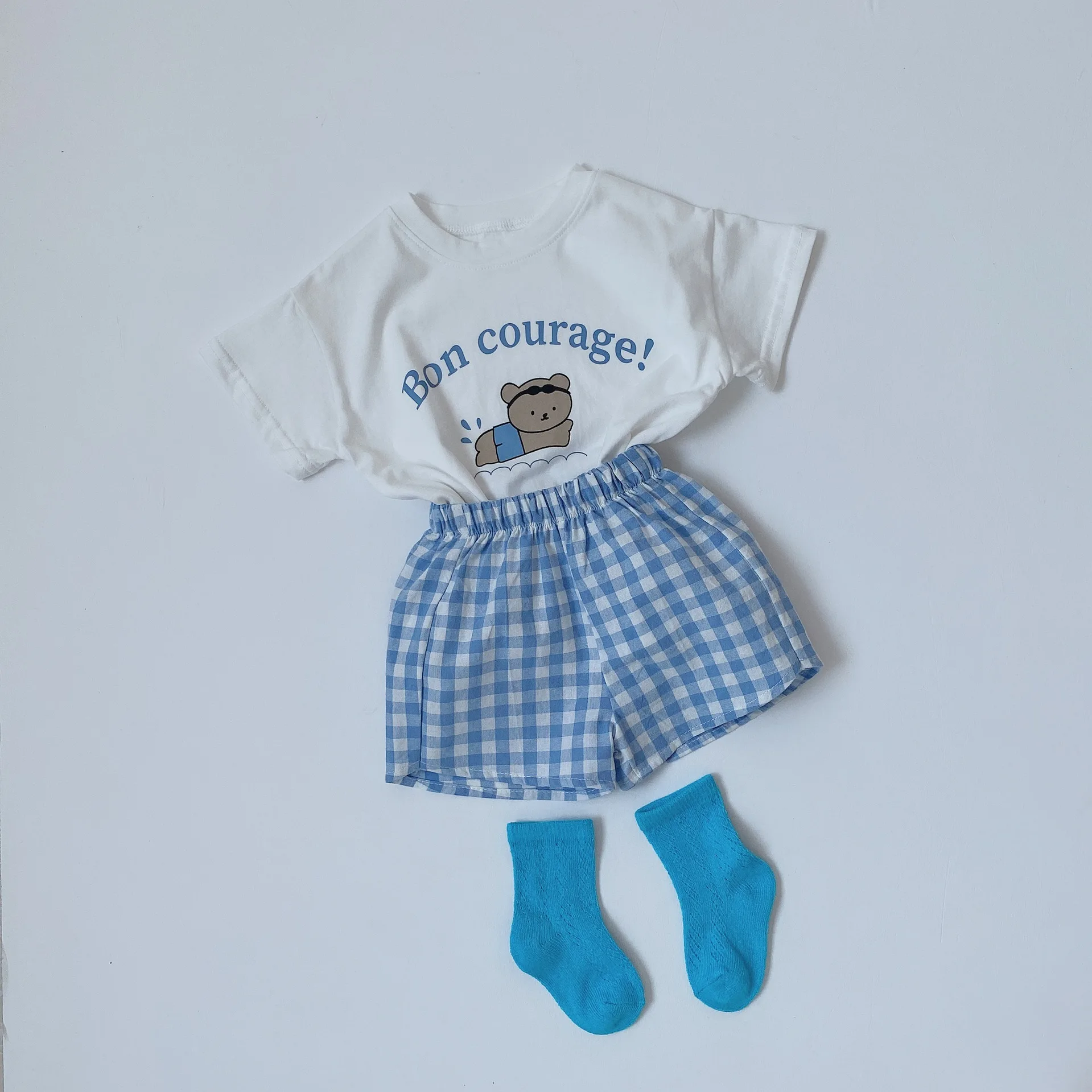 

Summer New Clothes Set Toddler Baby Girl Boy Cute Cartoon Bear Printed Short Sleeve T-shirt + Kid Cotton Plaid Shorts 2pcs