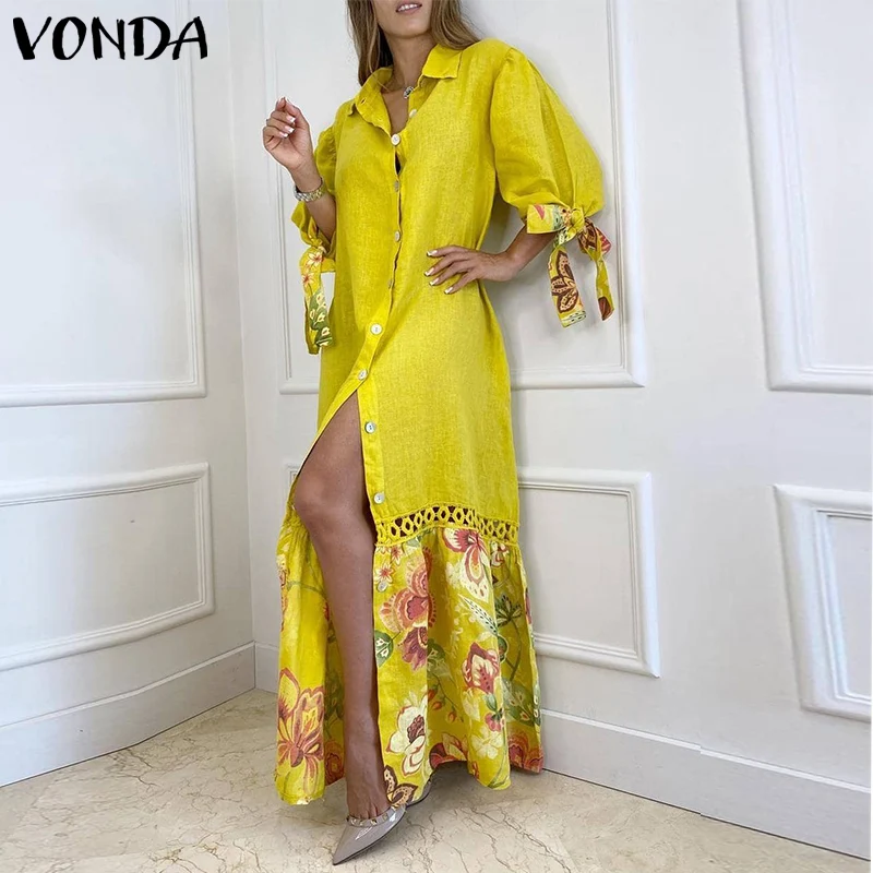 

Autumn Long Maxi Dress Vintage Floral Printed Pleated Sundress VONDA Casual Lapel Collar Button Up Loose Half Sleeve Vestidos