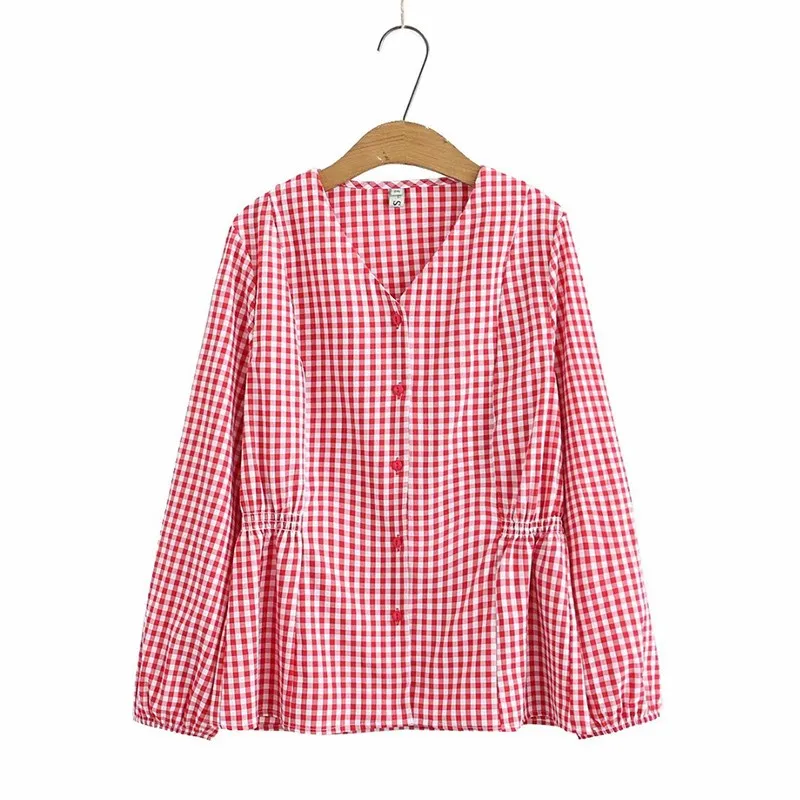 

Women Blouses V Neck Spring Shirts Plaid All-match BF Full Sleeve Loose Outwear Harajuku Female Elastic Waist Chic New Plus Size