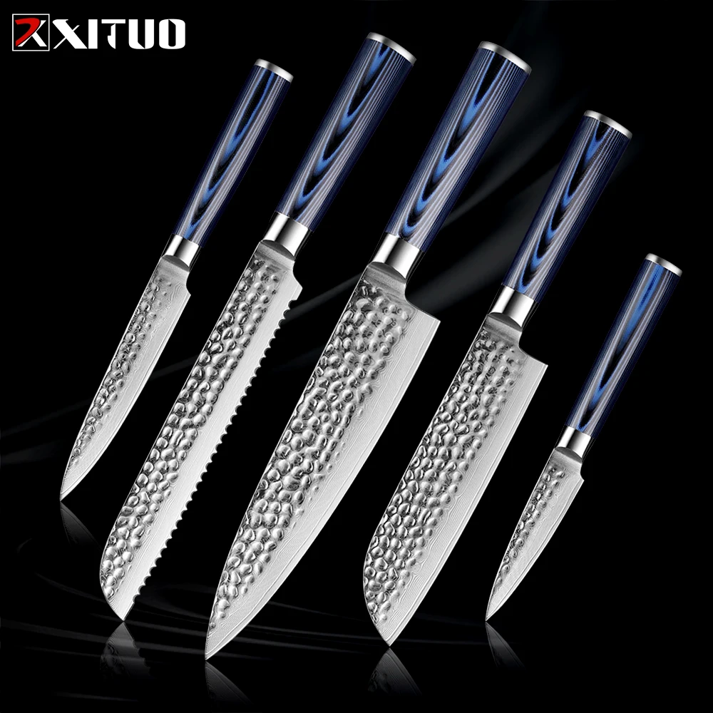 

XITUO Damascus Knife Set 1-5PCS Knives Gift Premium Blue G10 Handle Forging Non-stick Cleaver Filleting Chef Knife Japanese Vege