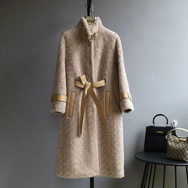 Женское длинное пальто с овчиной шерстяное в Корейском стиле A0056 KJ3491 Осень-зима