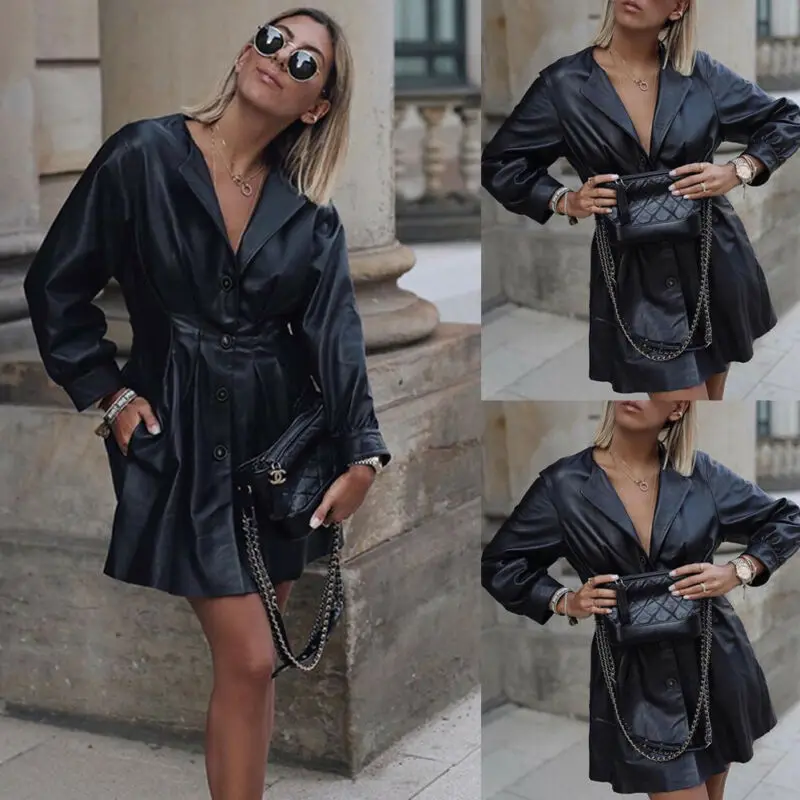 

2019 Autumn Elegant Womens PU Leather Cropped Cool Biker Jacket Coat Fashion Solid Color Slim Button Parka Outwear Plus Size Hot