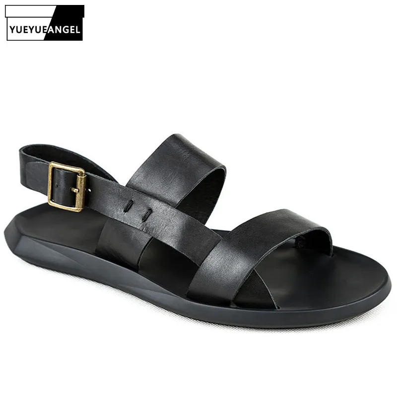 

British Fashion Beach Sandals For Men Buckle Straps High Quality Leather Flats Slippers Schuhe Herren Roma Peep Toe Sandal Shoes