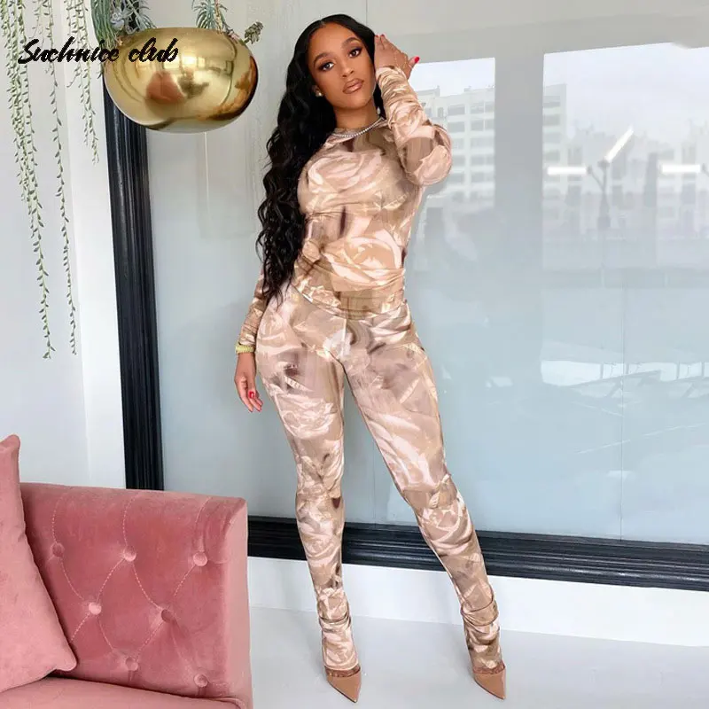 

Women's Long Sleeve Vintage Print Suit Tights Top 2021 Fashion Round Neck Bodycon Top Pants Winter Slim Streetwear 2 Piece Set