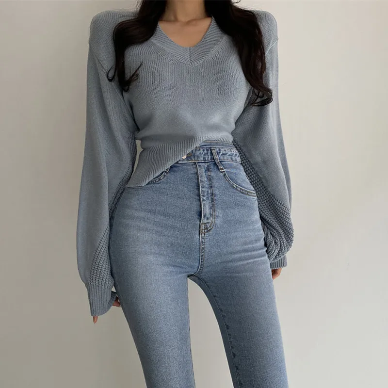 

Женский вязаный пуловер с рукавами-фонариками, свободный Однотонный свитер в Корейском стиле на бретельках, весна-осень 2021