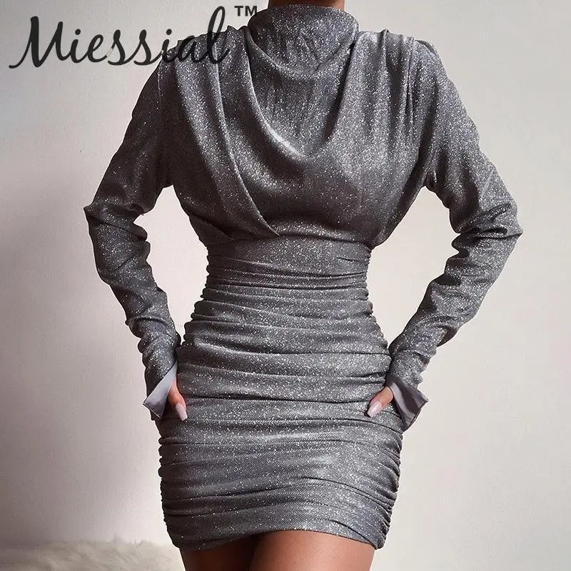 Miessial серая водолазка с люрексом плиссированное винтажное платье женское
