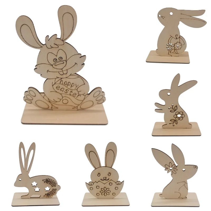 

5pcs Unfinished Ornaments Easter Wooden Ornaments Bunny Wood Embellishments DIY Crafts for Inside Home Party Table Top