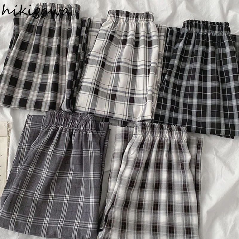 

Hikigawa Women's Clothing Pantalon Femme Long Length Plaid Pants Korean Elastic High Waist Trousers Loose Vintage Harajuku Pant