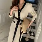 Женское трикотажное платье, однобортное приталенное платье-свитер, с длинным рукавом и V-образным вырезом, на осень и зиму, 2021