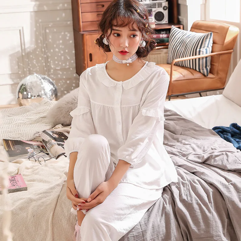 

Womens Pyjamas Set Two Piece Cotton/Nylon Button Long Sleeve Homewear Pajamas Sleep Suit Sleepwear Loungewear Pajamas Plus Size