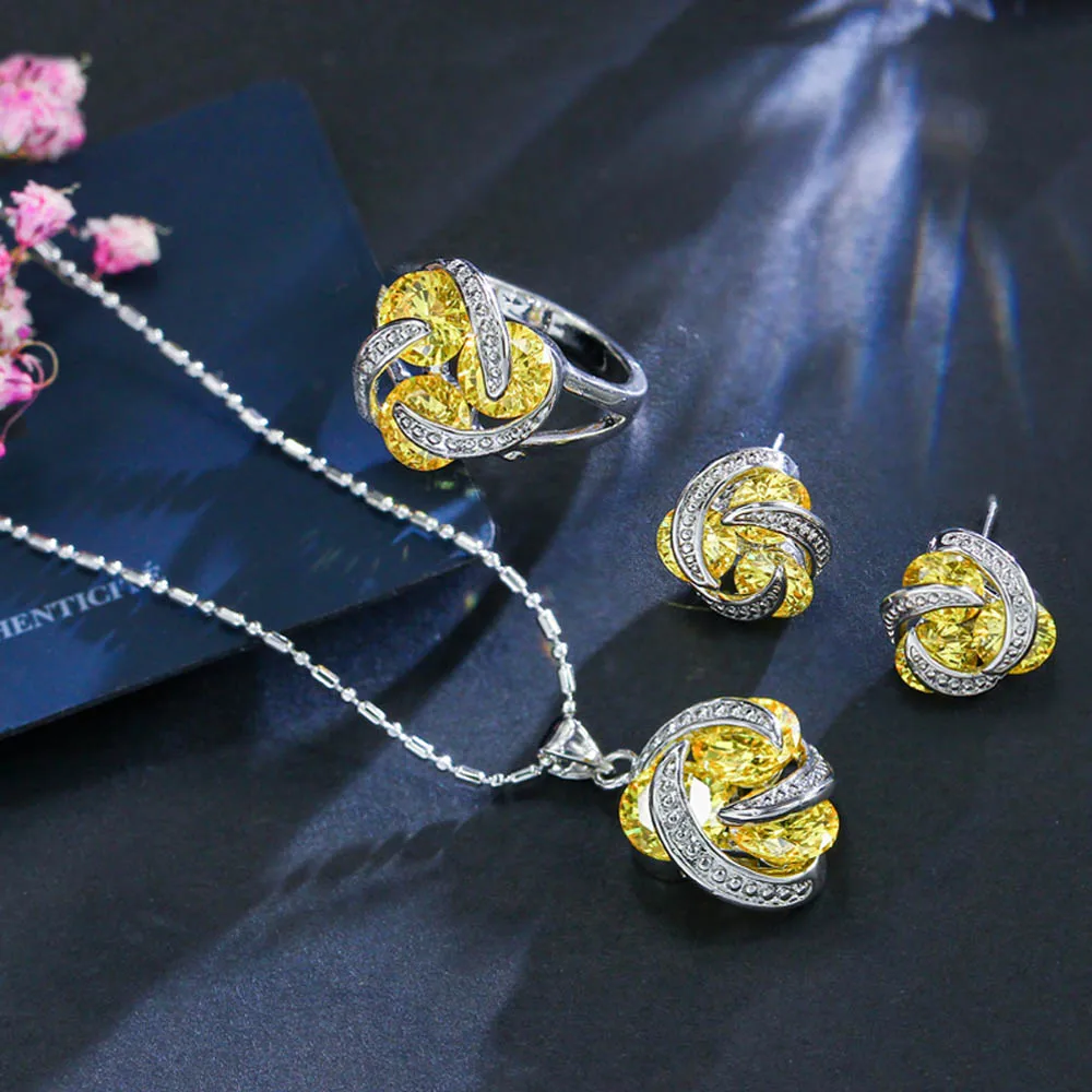 ThreeGraces, Новая мода 925, серебряные ювелирные наборы, кубический цирконий, узел, серьги, ожерелье и кольцо, набор для женщин, для танцев, вечерние, JS124 - Окраска металла: Yellow