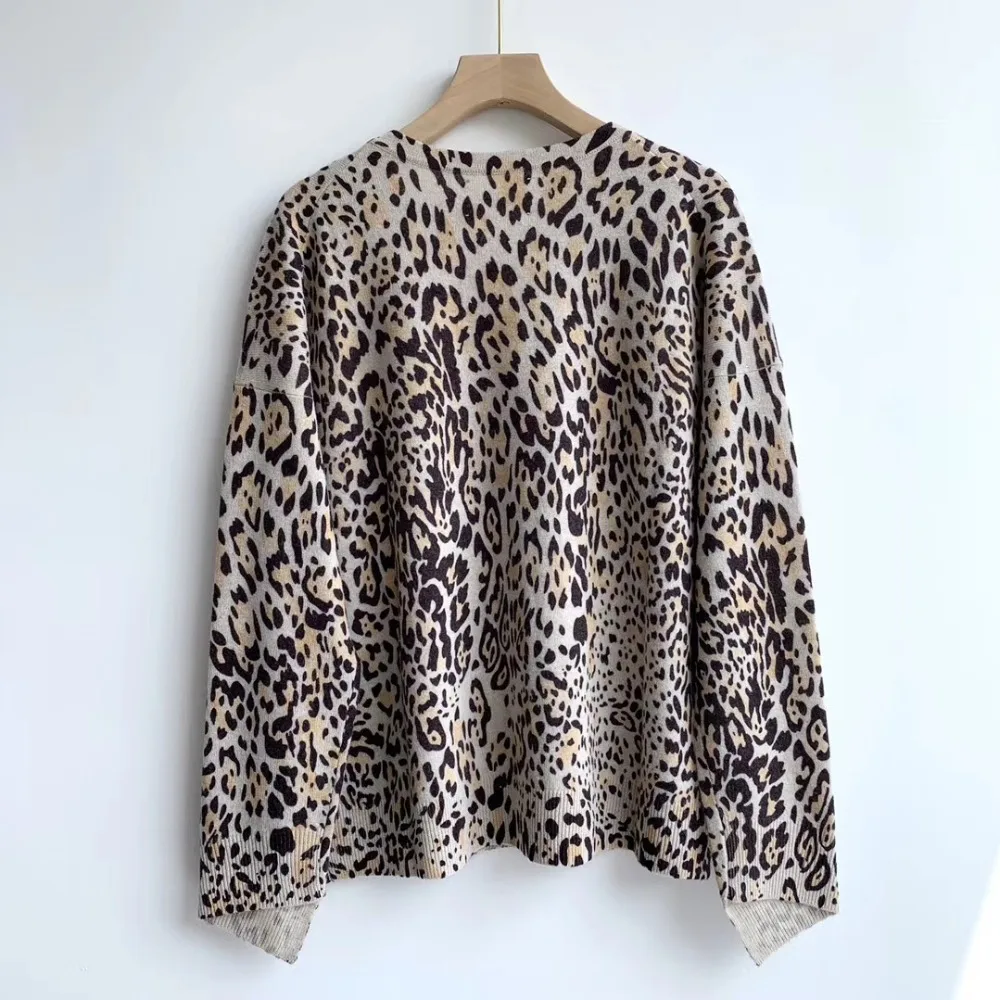 Leopard Print women Sweater Autumn winter new V-neck Casual Long Sleeve Fashion wild lady Knitwear Pullover tops