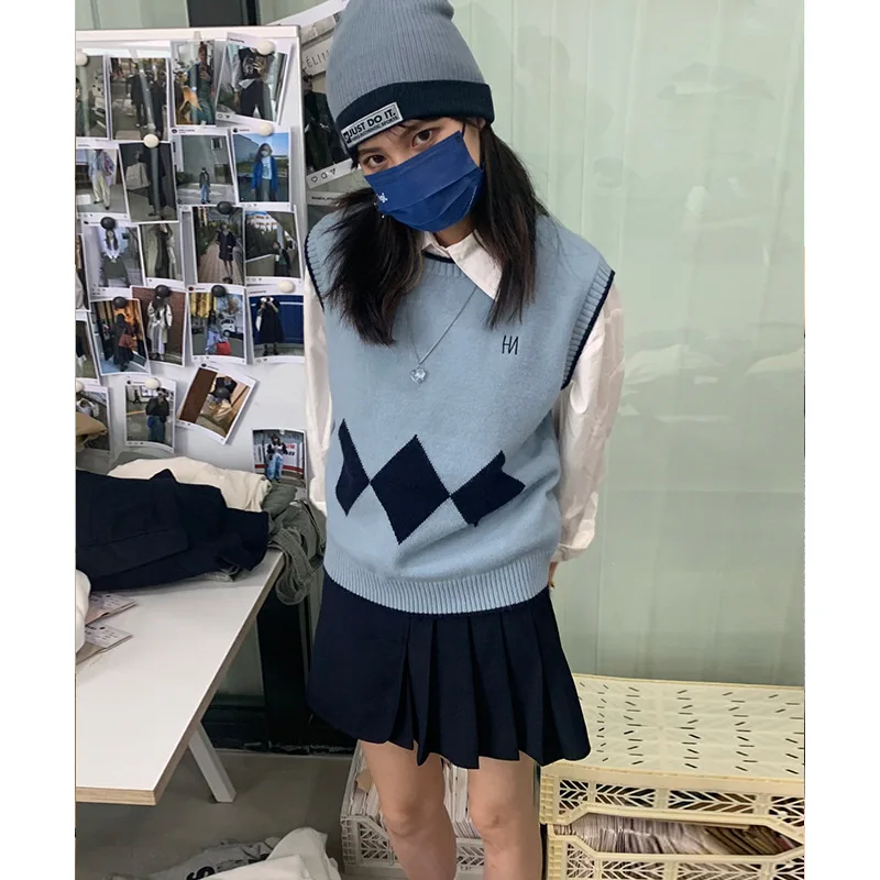 

2021 Early Autumn New Korean Style Simple Contrast Color round Neck Knitted Vest Women's Loose Slimming Sweater Vest