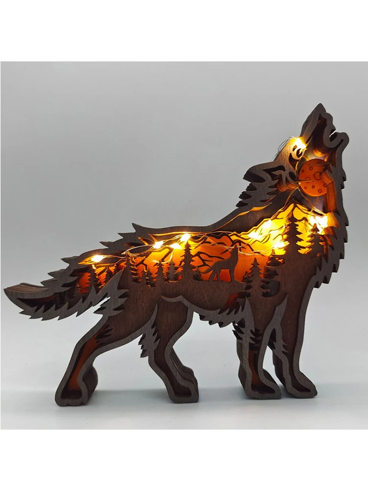 

Christmas Decoration Wooden Hollowed Small Wolf LED Light Home Decor Desktop Ornaments Christmas Gift Wooden Animal Statue 2022