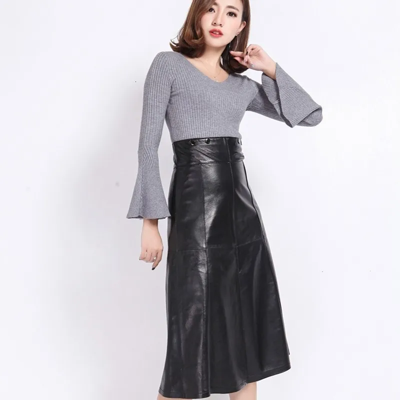 

Top Quality Sheepskin Genuine Leather Women Midi High Waist Skirts A Line Sequined Back Zipper Fly Streetwear Mid Calf Skirts